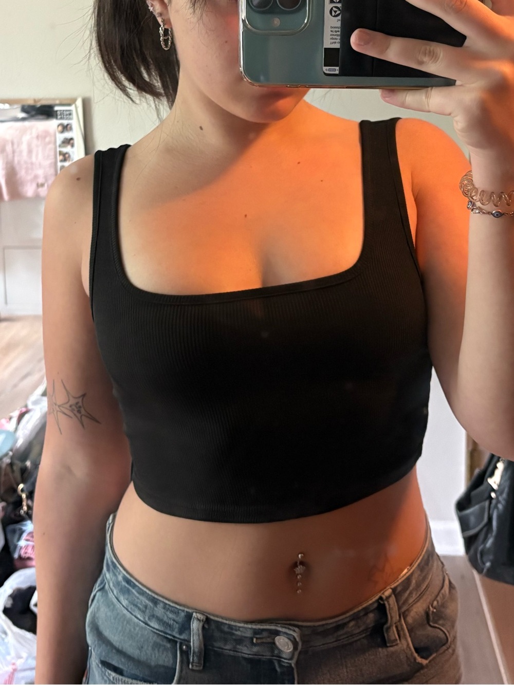 SHEIN Black Ribbed Square-Neck Crop Top